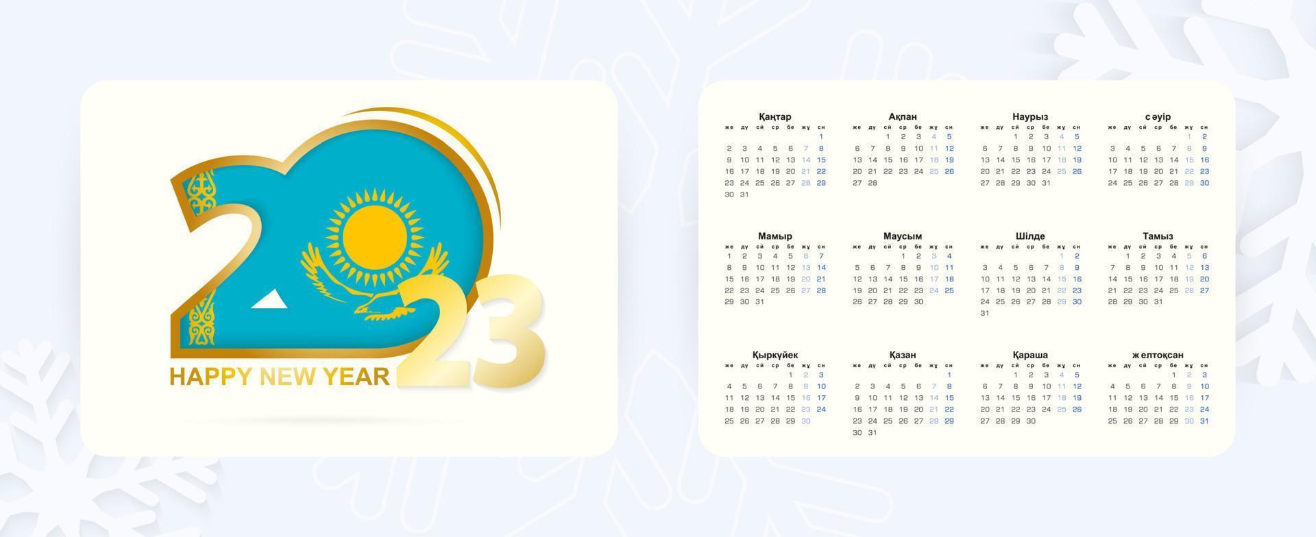 calendario de bolsillo horizontal 2023 en idioma kazajo. icono de año nuevo 2023 con bandera de kazajstán. vector