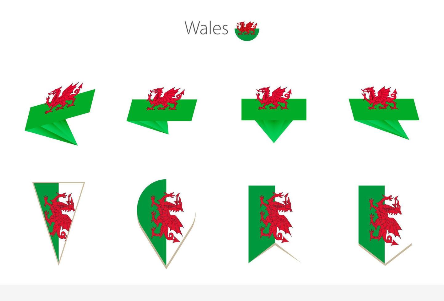 Wales national flag collection, eight versions of Wales vector flags.