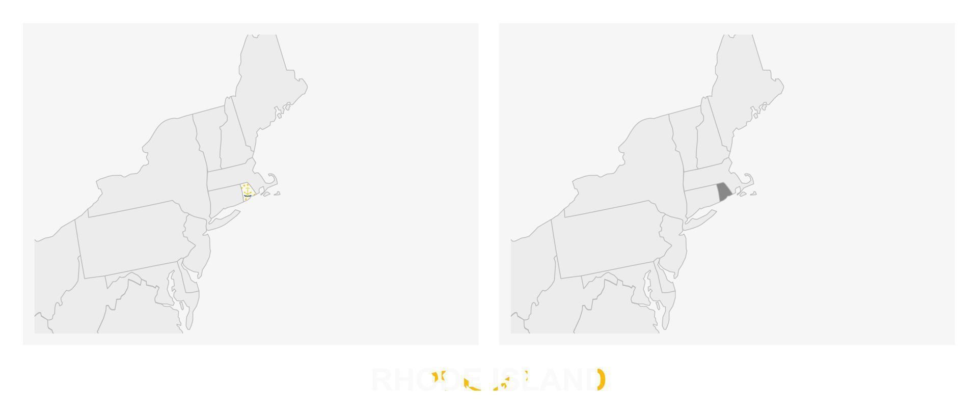 Two versions of the map of US State Rhode Island, with the flag of Rhode Island and highlighted in dark grey. vector