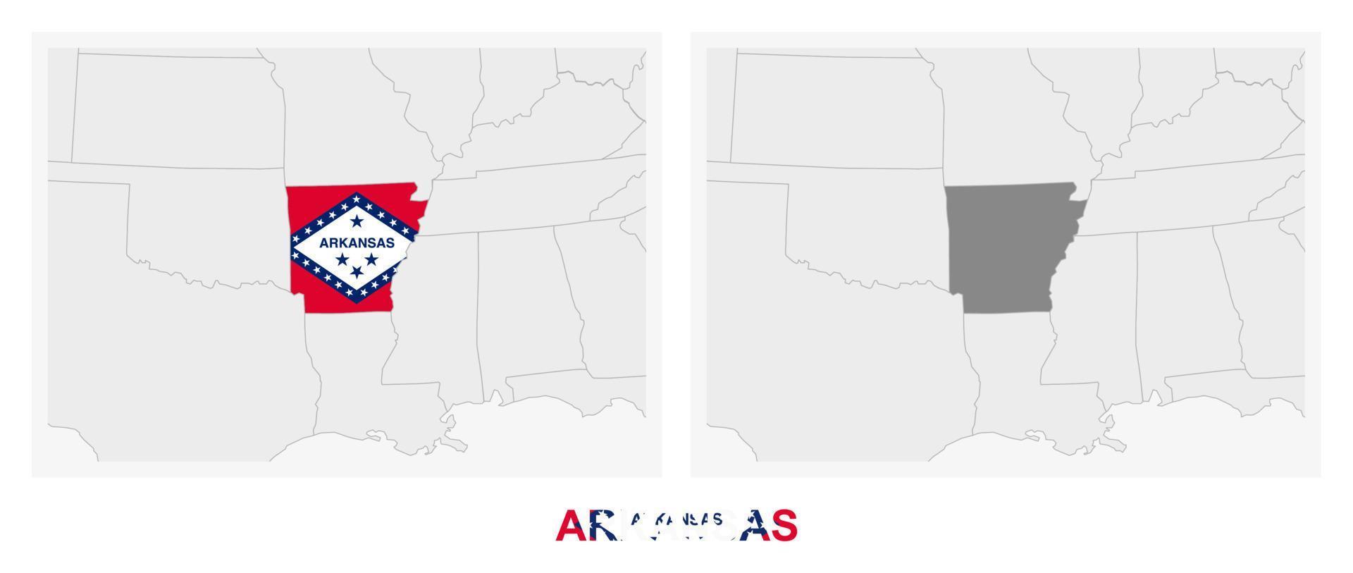 Two versions of the map of US State Arkansas, with the flag of Arkansas and highlighted in dark grey. vector