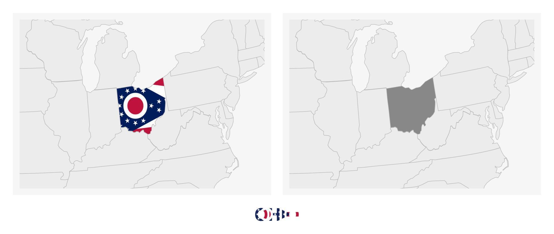 Two versions of the map of US State Ohio, with the flag of Ohio and highlighted in dark grey. vector