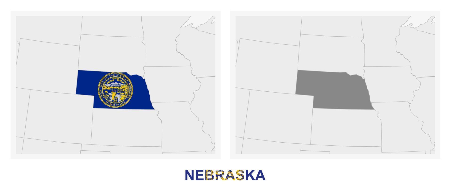 Two versions of the map of US State Nebraska, with the flag of Nebraska and highlighted in dark grey. vector