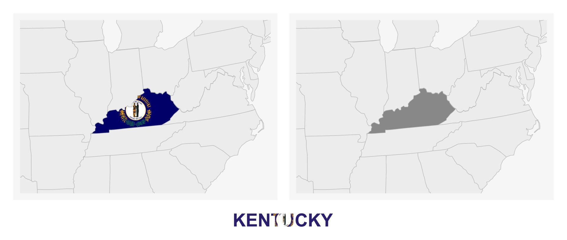 dos versiones del mapa del estado de kentucky, con la bandera de kentucky y resaltada en gris oscuro. vector