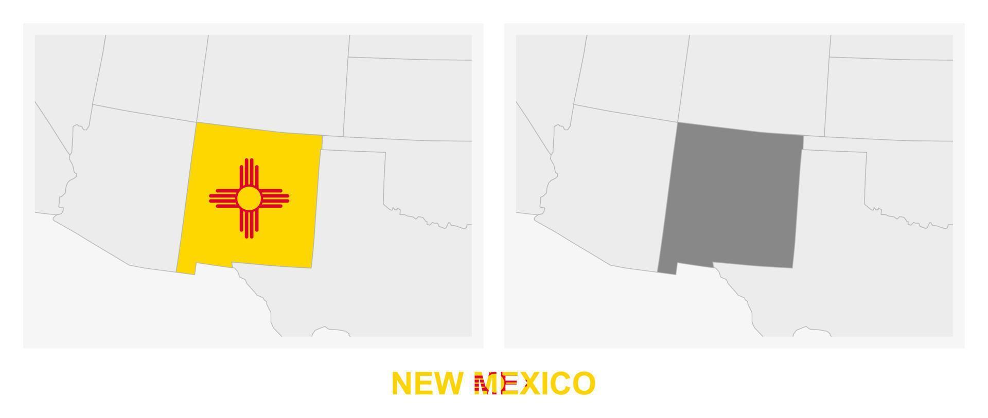 Two versions of the map of US State New Mexico, with the flag of New Mexico and highlighted in dark grey. vector