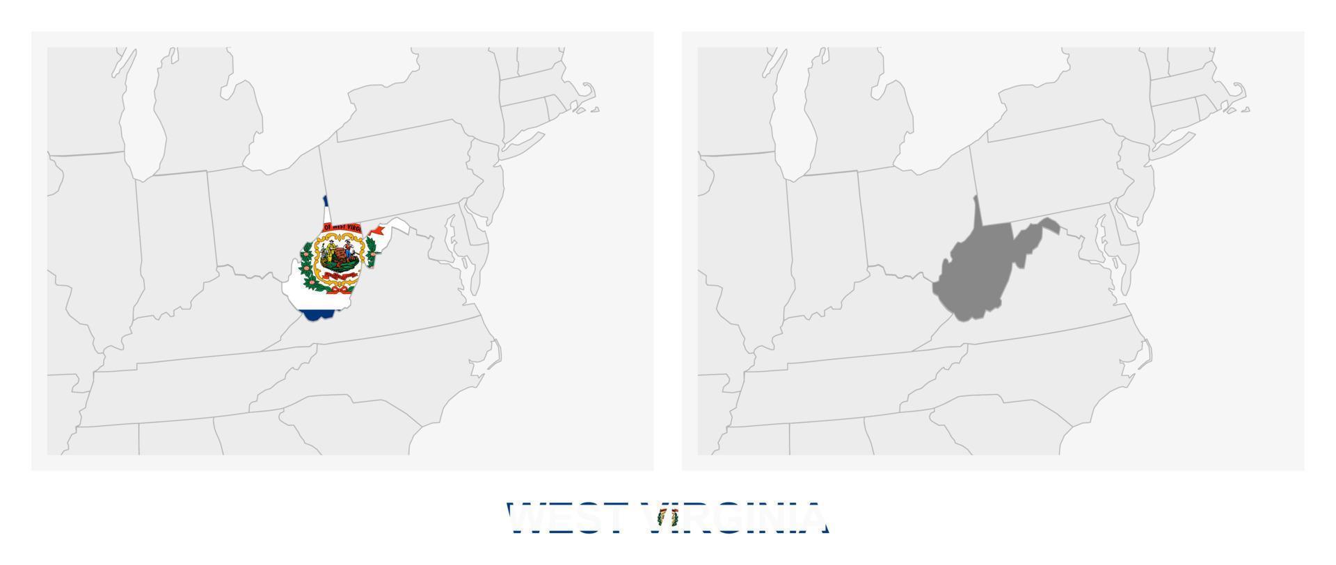 Two versions of the map of US State West Virginia, with the flag of West Virginia and highlighted in dark grey. vector