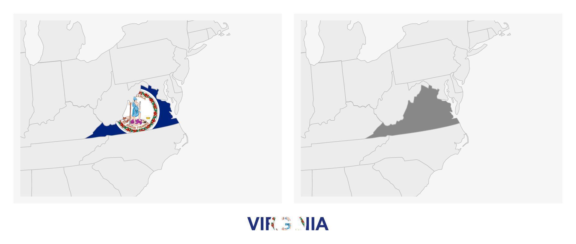 dos versiones del mapa del estado de Virginia, con la bandera de Virginia y resaltada en gris oscuro. vector