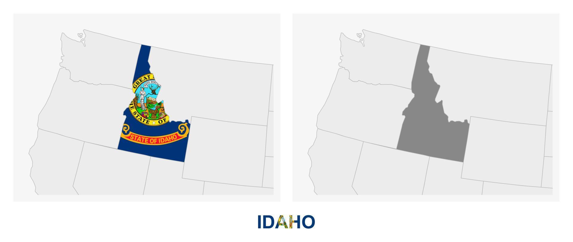 Two versions of the map of US State Idaho, with the flag of Idaho and highlighted in dark grey. vector