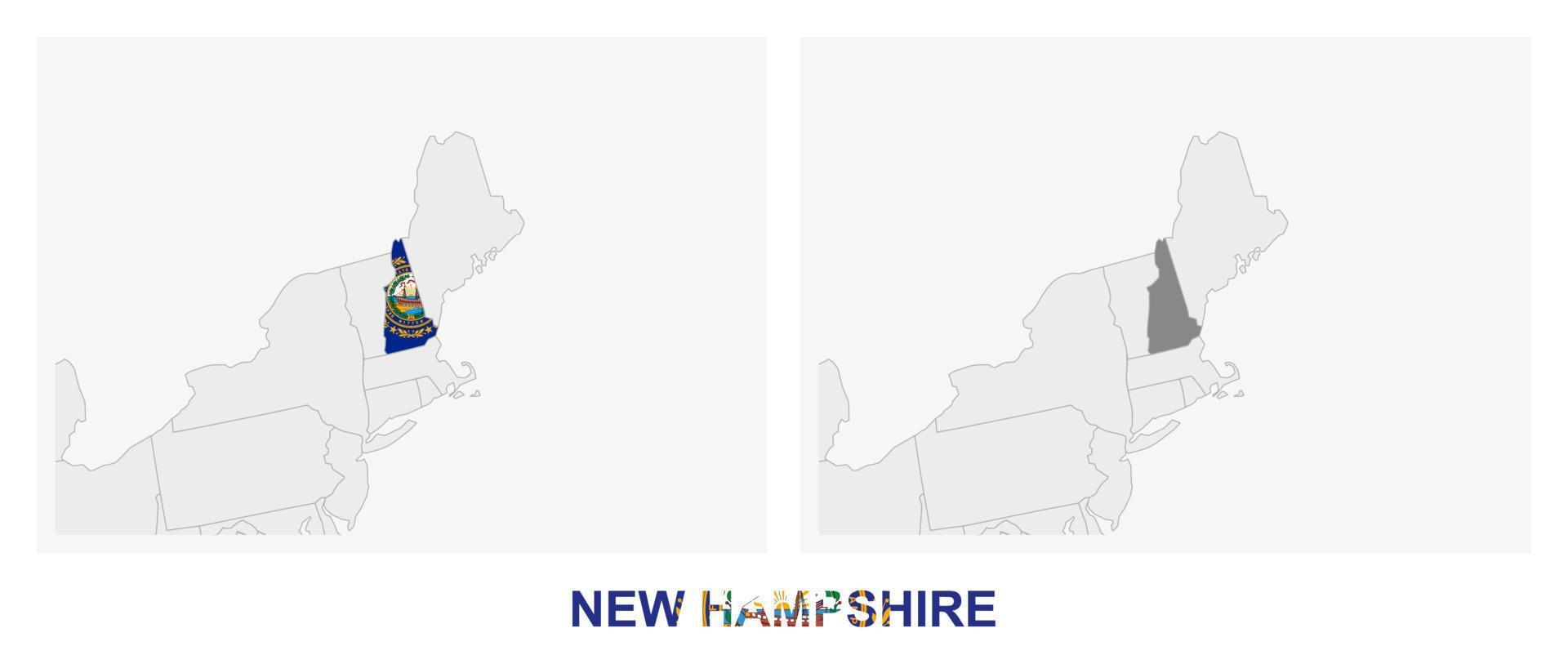 Two versions of the map of US State New Hampshire, with the flag of New Hampshire and highlighted in dark grey. vector