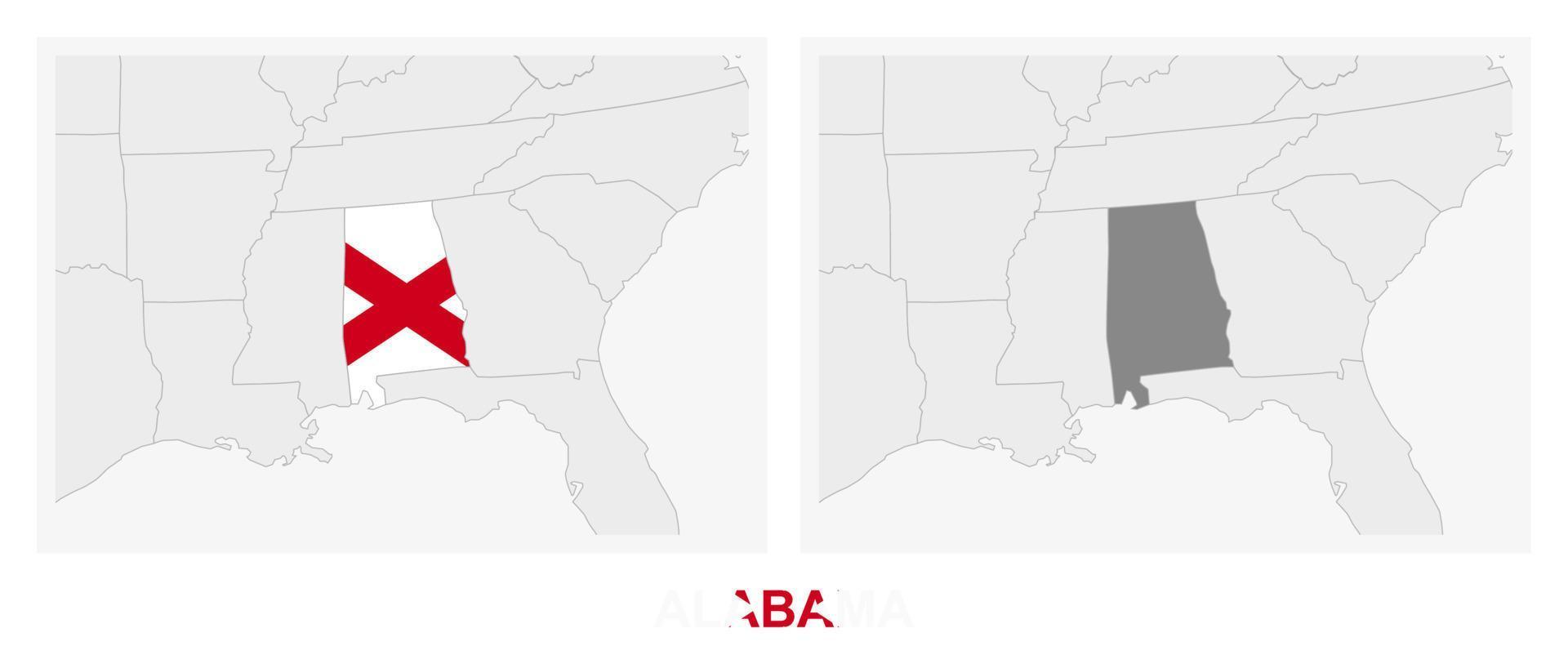 Two versions of the map of US State Alabama, with the flag of Alabama and highlighted in dark grey. vector