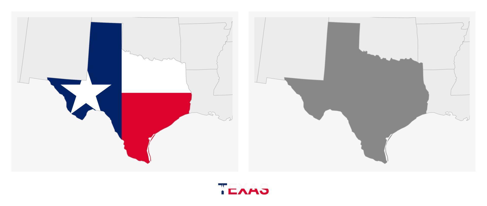 dos versiones del mapa del estado de texas, con la bandera de texas y resaltada en gris oscuro. vector