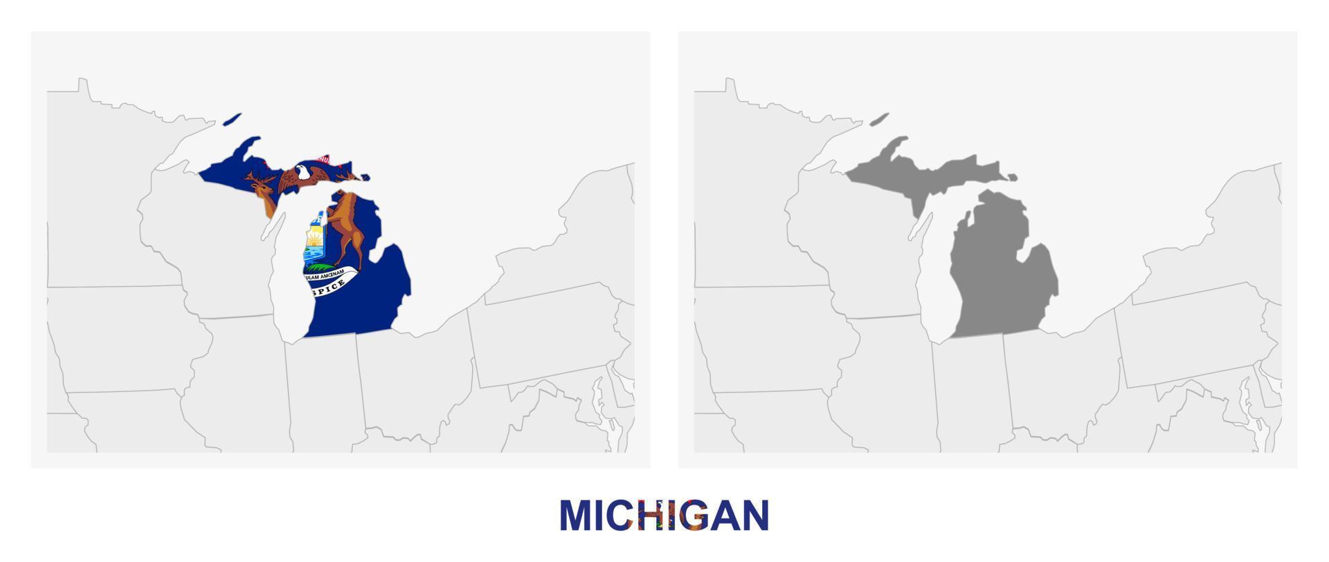 Two versions of the map of US State Michigan, with the flag of Michigan and highlighted in dark grey. vector