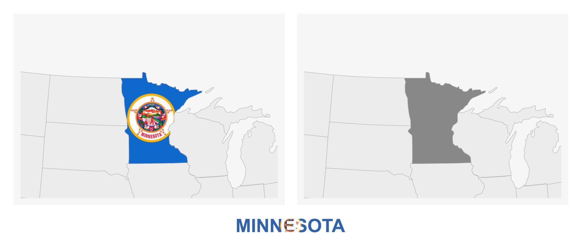 Two versions of the map of US State Minnesota, with the flag of Minnesota and highlighted in dark grey. vector