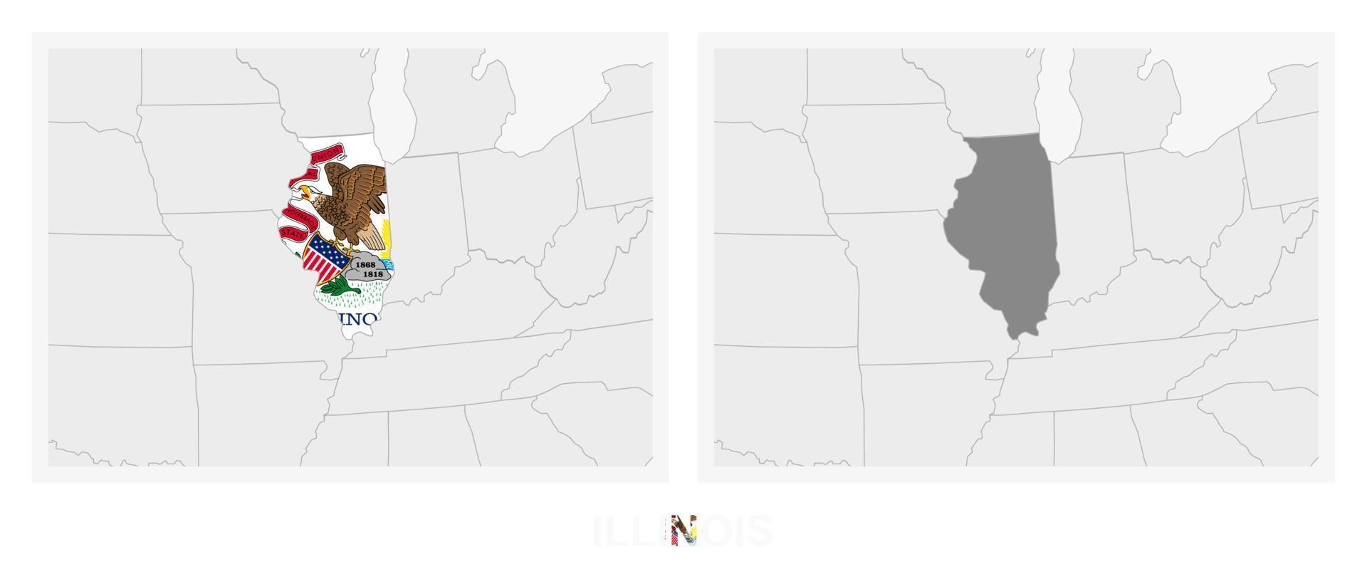 dos versiones del mapa del estado de Illinois, con la bandera de Illinois y resaltada en gris oscuro. vector