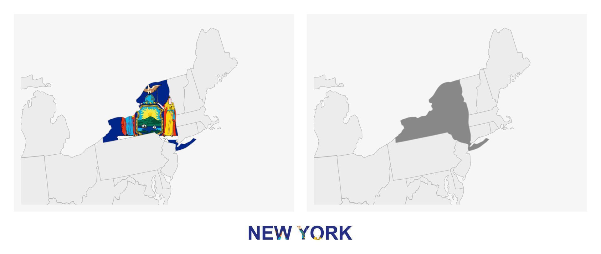Two versions of the map of US State New York, with the flag of New York and highlighted in dark grey. vector