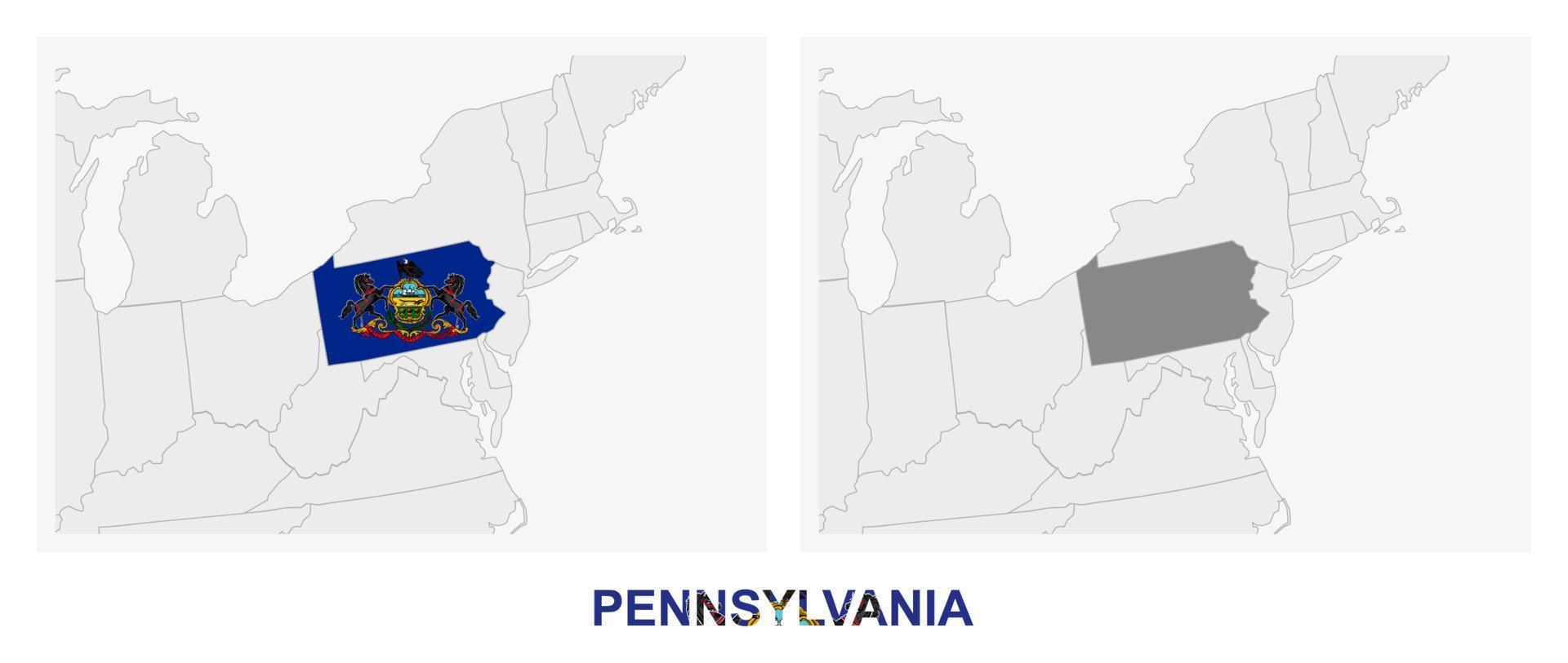 Two versions of the map of US State Pennsylvania, with the flag of Pennsylvania and highlighted in dark grey. vector