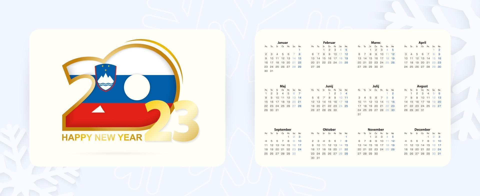 Horizontal Pocket Calendar 2023 in Slovenian language. New Year 2023 icon with flag of Slovenia. vector