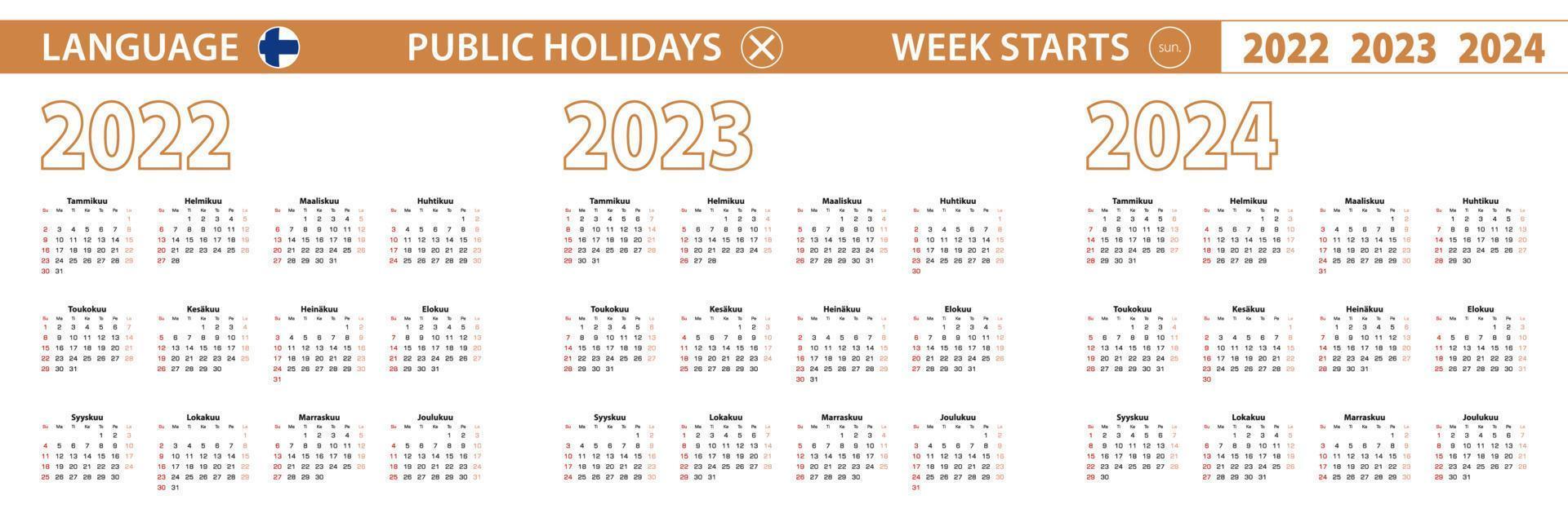 2022, 2023, 2024 year vector calendar in Finnish language, week starts on Sunday.