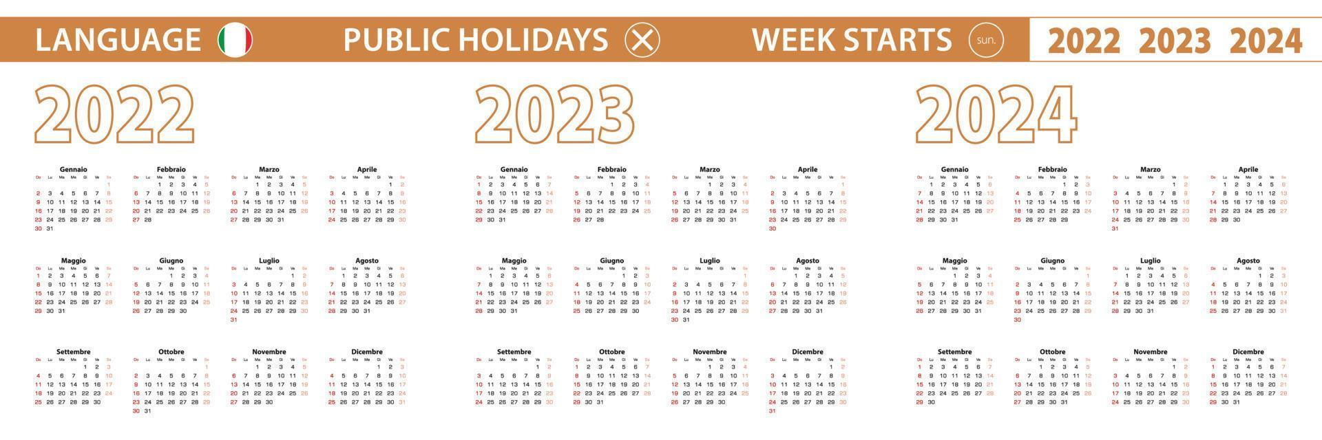 Calendario vectorial de 2022, 2023, 2024 años en italiano, la semana comienza el domingo. vector