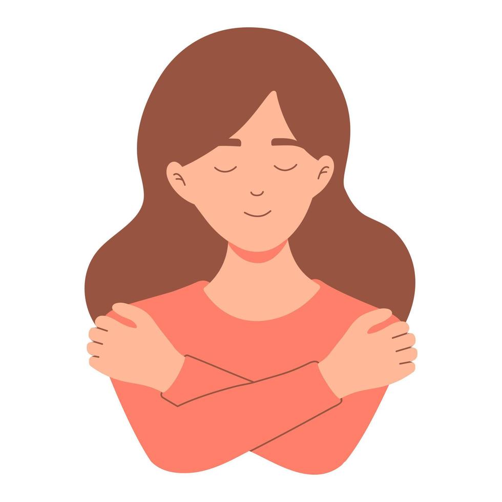 Girl hugging herself. Self care, love yourself concept vector illustration.