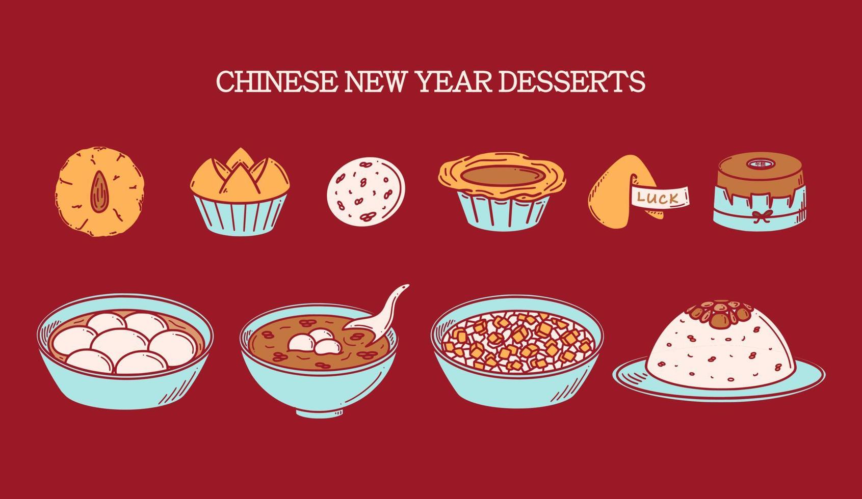 cny celebración, postres de año nuevo chino ilustración vectorial en estilo doodle. vector