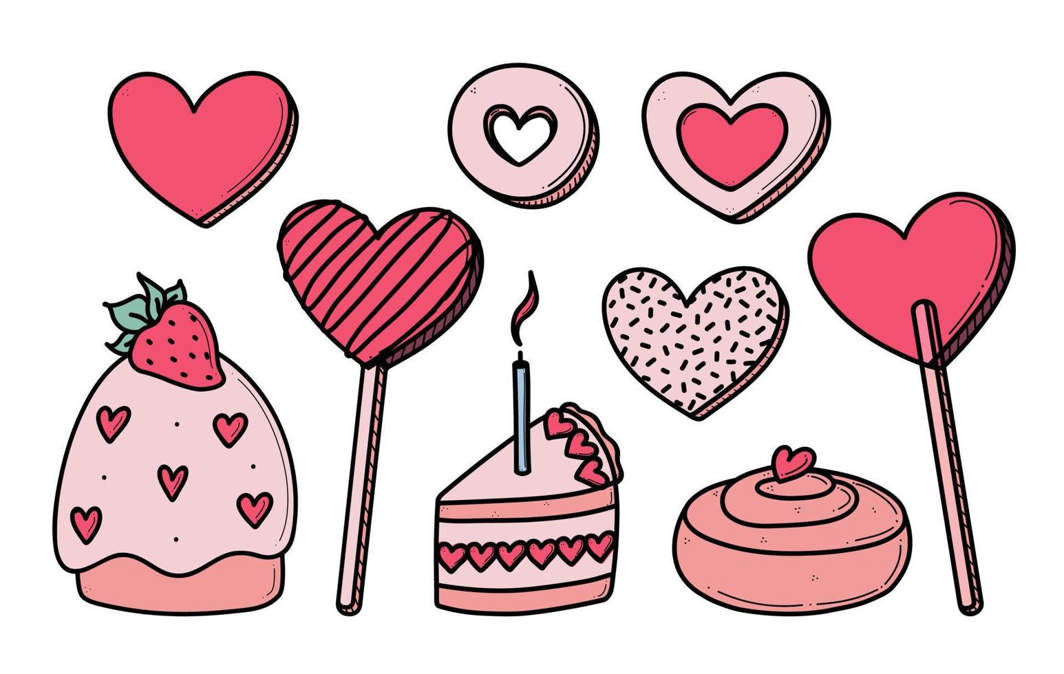 Hand drawn heart shaped valentines set of romantic sweets vector illustration.