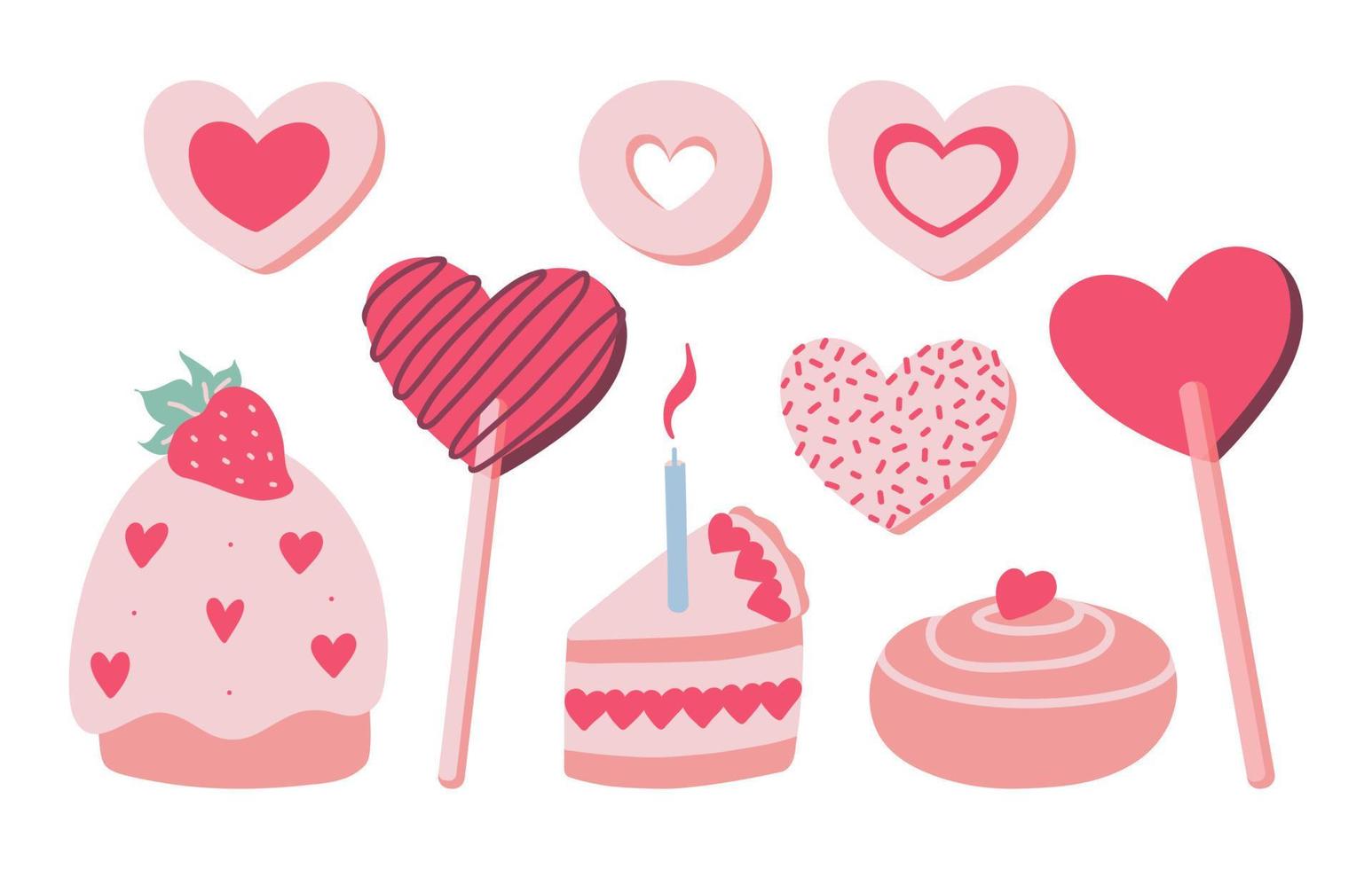 Hand drawn heart shaped valentines set of romantic sweets vector illustration.