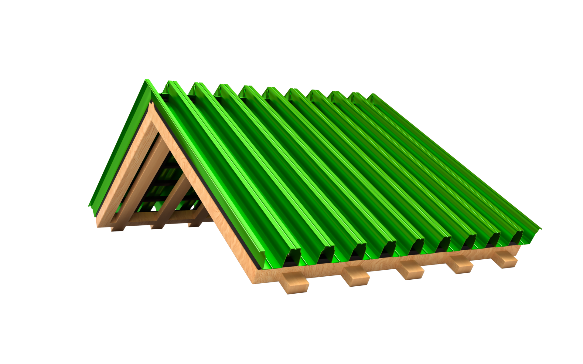 Corrugated Green metal sheet Wooden construction frame 3d illustration