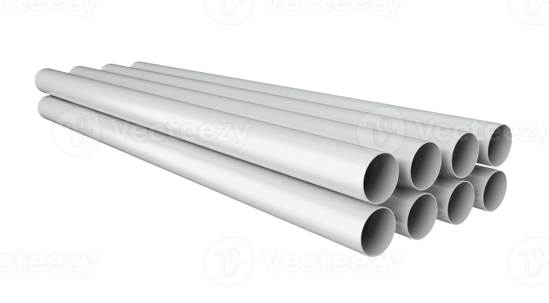 tubos de pvc empilhados no armazém. uma série de tubos brancos na ilustração 3d de superfície preta png