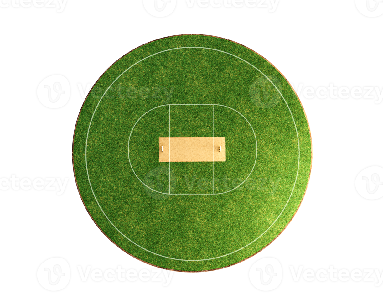 vista superior del estadio de cricket en campo de cricket o campo de juego de deportes de pelota, estadio de césped o arena circular para series de cricket, césped verde o terreno para bateador, jugador de bolos. ilustración 3d de campo png