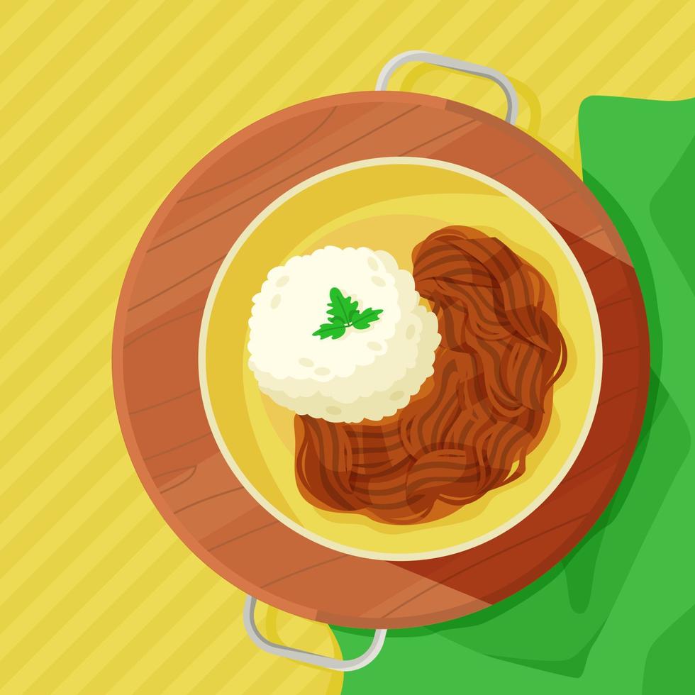 Ropa vieja, dish of Latin American cuisine. Stewed meat with rice. vector