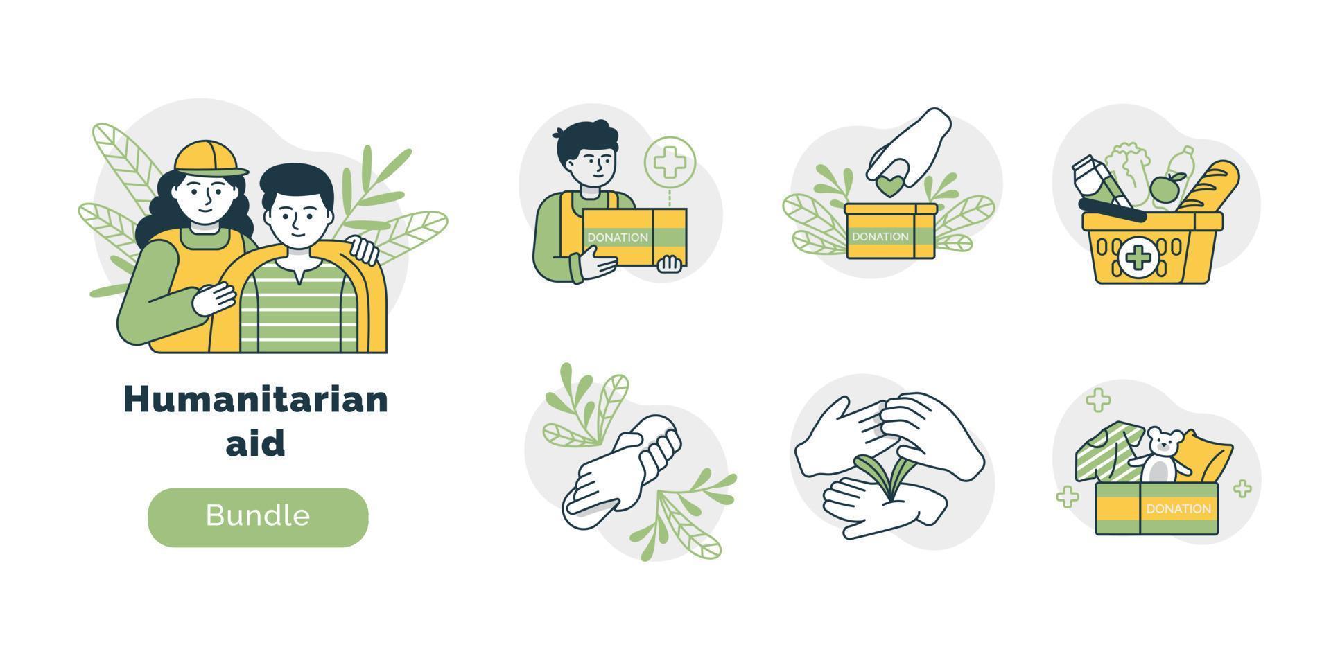 Humanitarian support, set of vector illustrations. Volunteer assistance and charity activities.