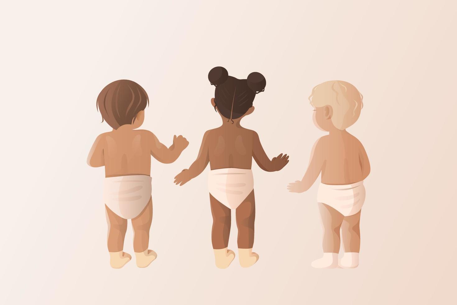 Back view of standing babys in diapers. Flat vector illustration