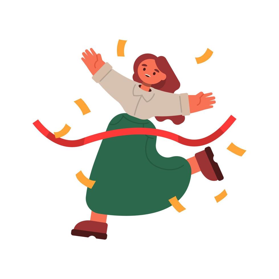Cartoon woman run with red ribbon. First place winner vector