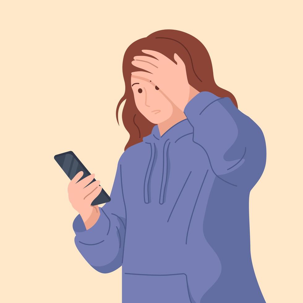 Shocked girl looks at smartphone with fear and anxiety. vector