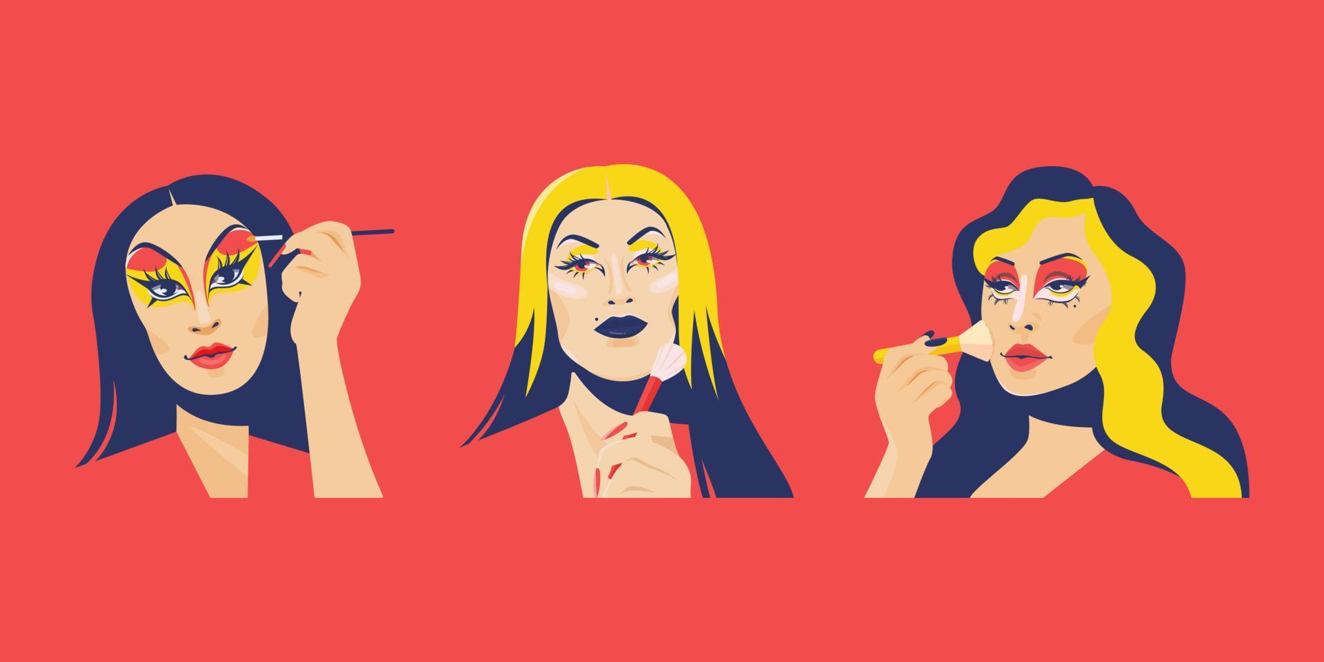 Drag Queens apply makeup, set of vector portraits