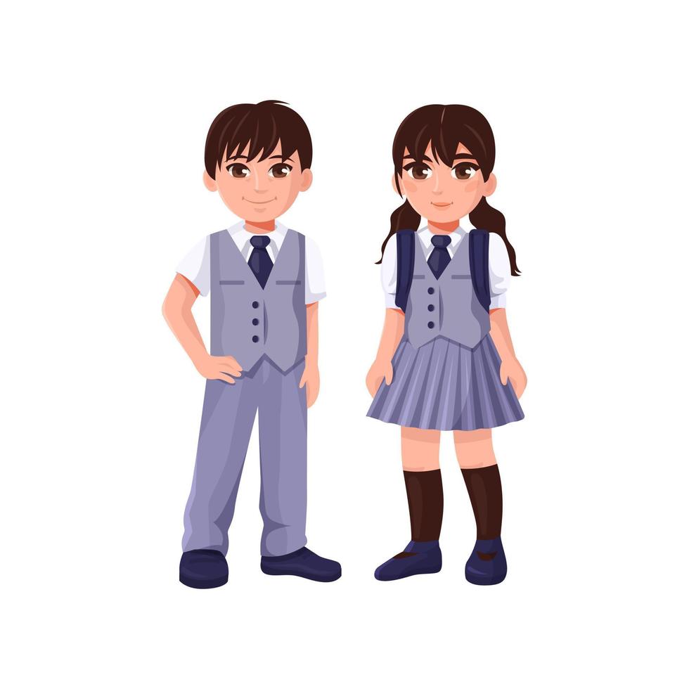 chico y chica lindos con uniforme escolar aislados en un fondo blanco vector