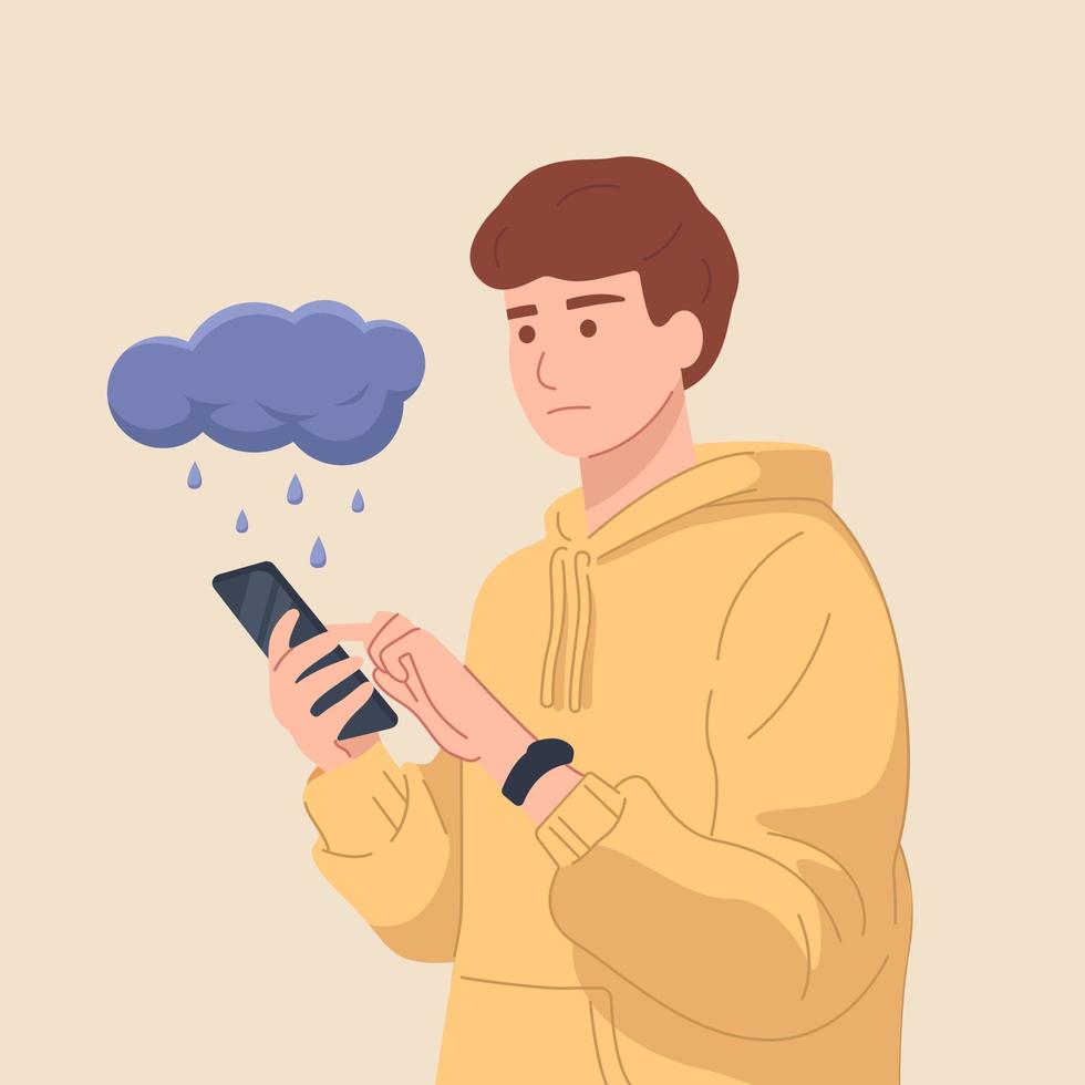 Shocked man looks at smartphone with fear and anxiety. vector