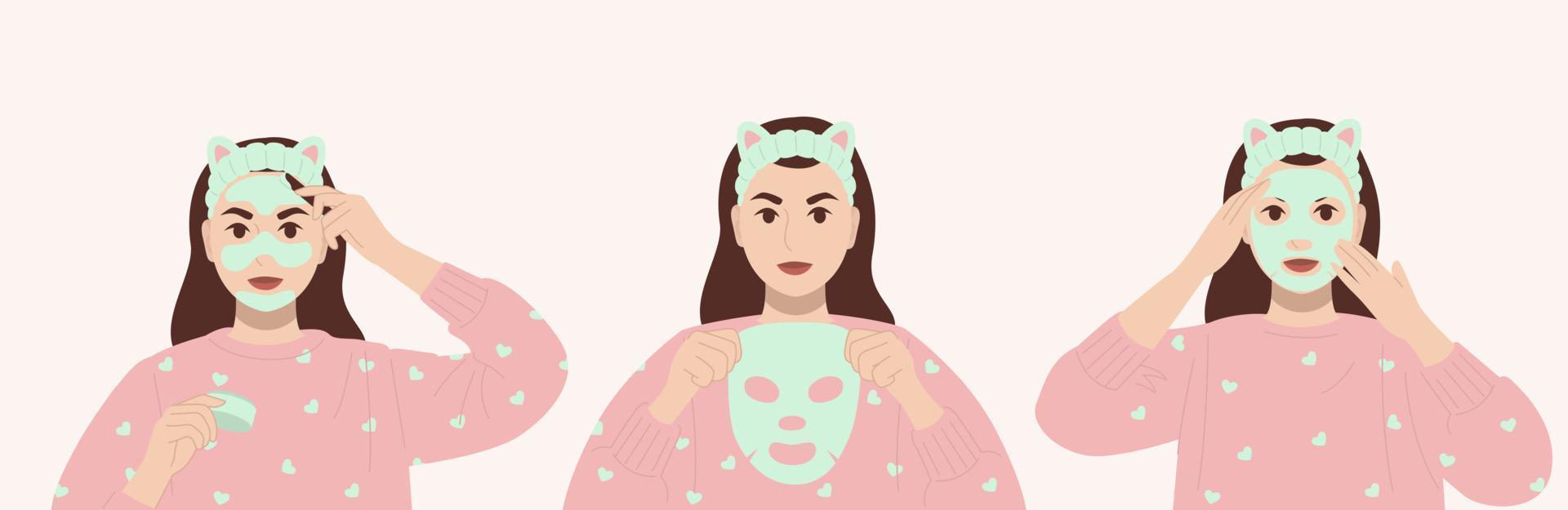 Girl at home in pajamas made a cosmetic mask. vector
