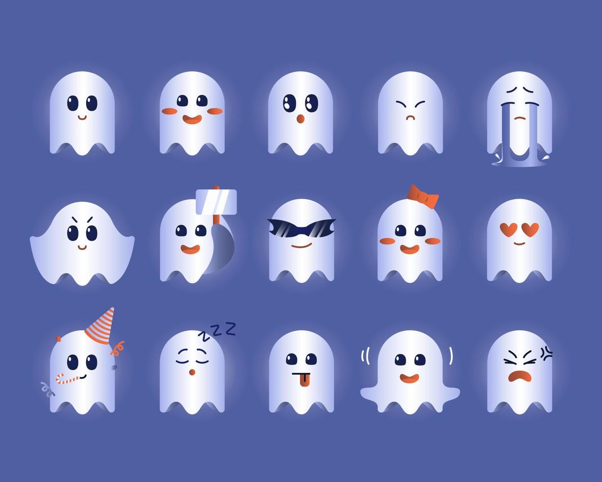 Cute ghost character with different emotions. vector