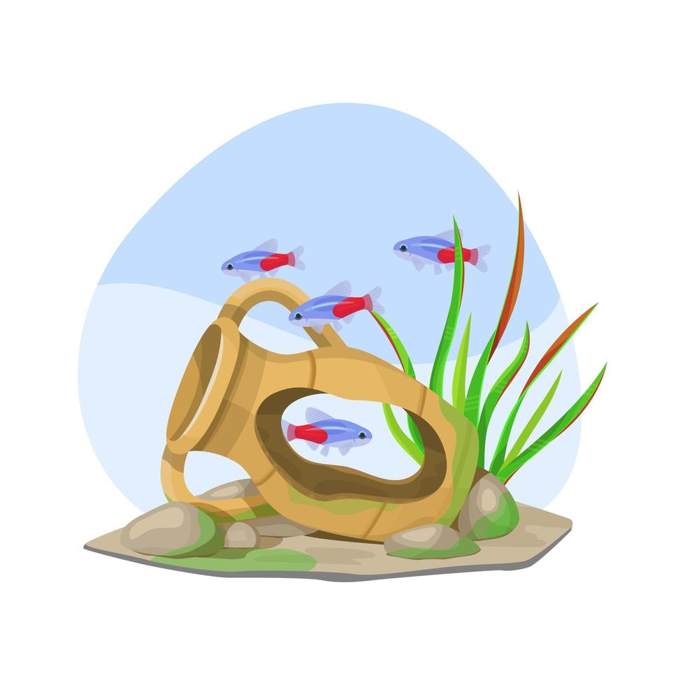 acuario con ánfora rota y peces. vector plano