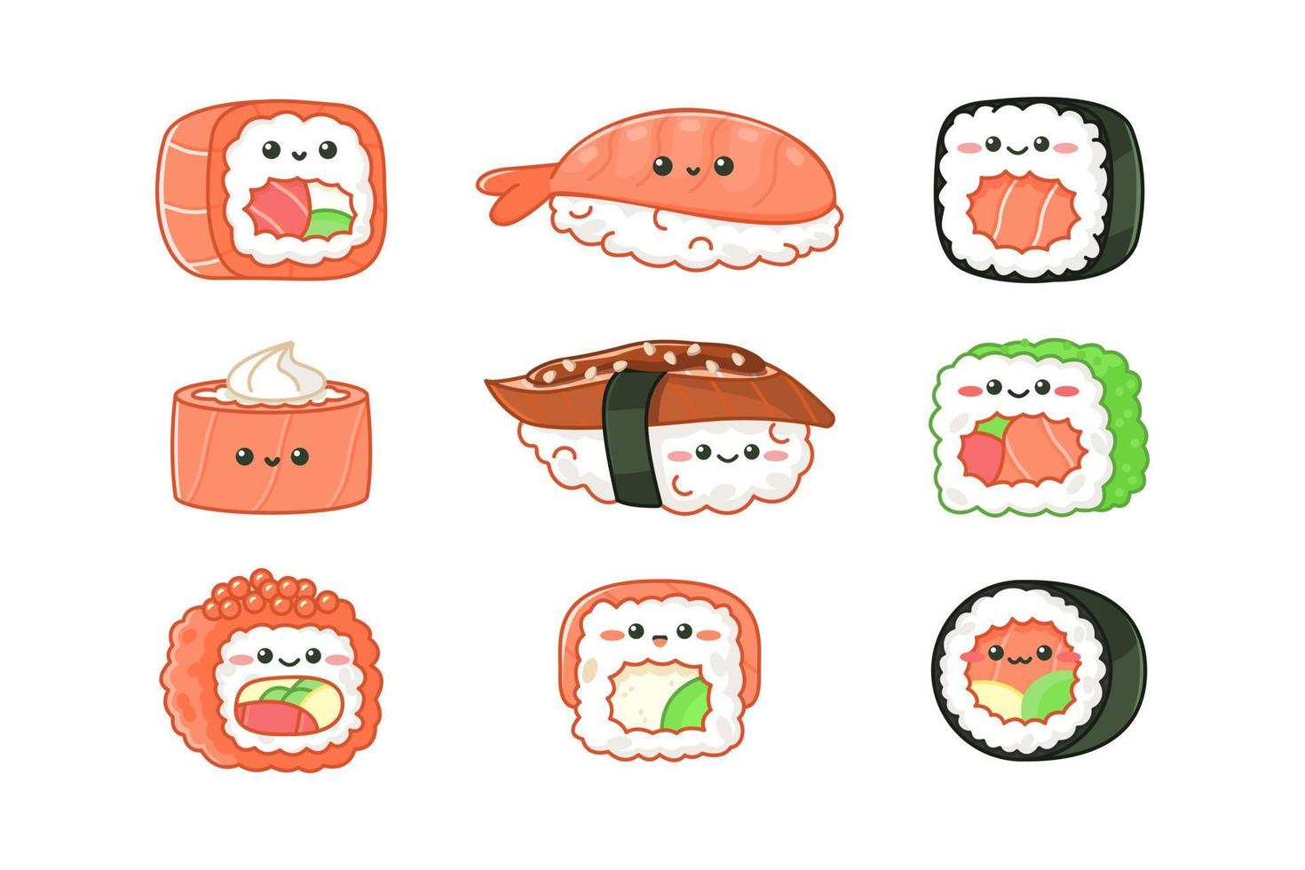 Various kawaii sushi and rolls. Cartoon characters vector