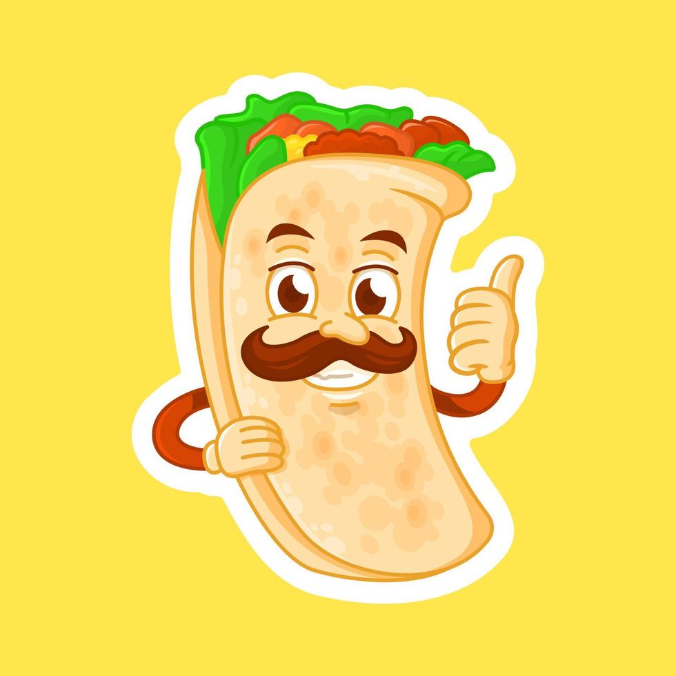 Cartoon funny burrito mascot gives a thumbs up. vector