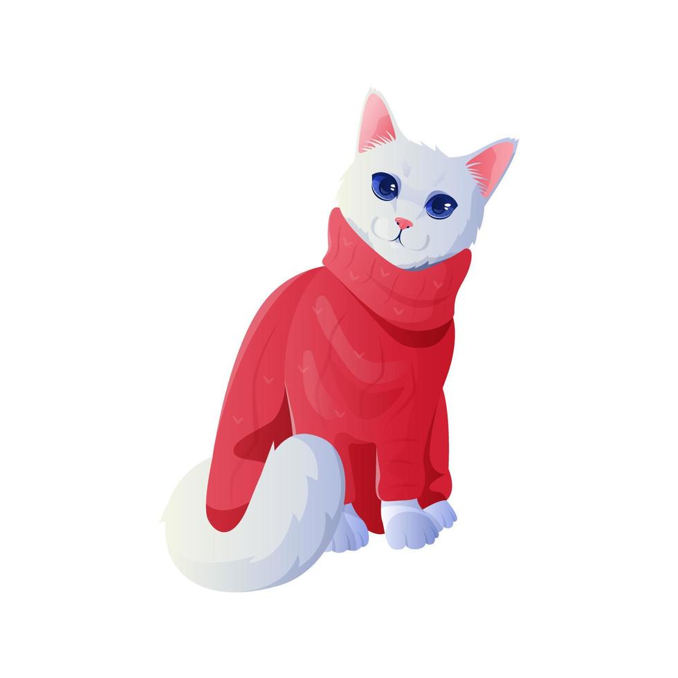 White cat in knitted red jersey vector