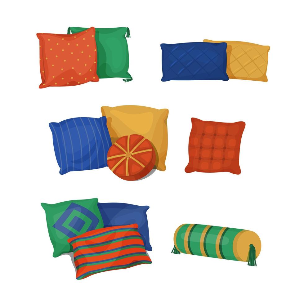 conjunto de almohadas de cama de diferentes formas y tamaños. vector