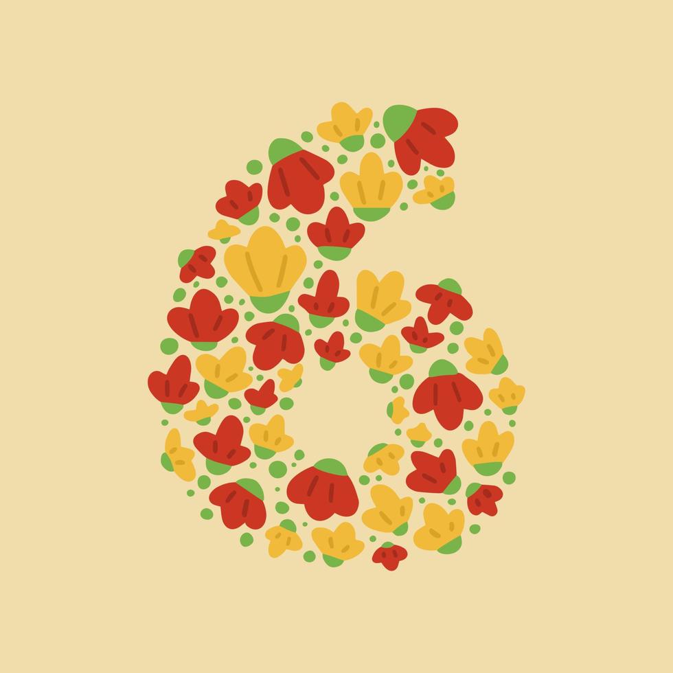 Number 6, folk floral number with leaves and flowers, hand drawn illustration vector