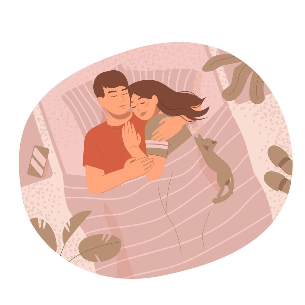 Romantic couple lying in the bed and embracing. Top view. vector