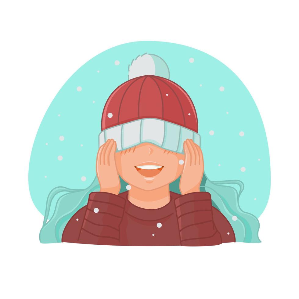 linda chica se puso el sombrero sobre los ojos y se regocija con la nieve que cae vector
