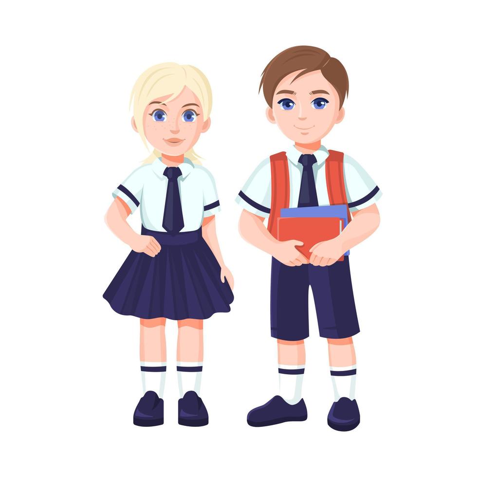 chico y chica lindos con uniforme escolar aislados en un fondo blanco vector