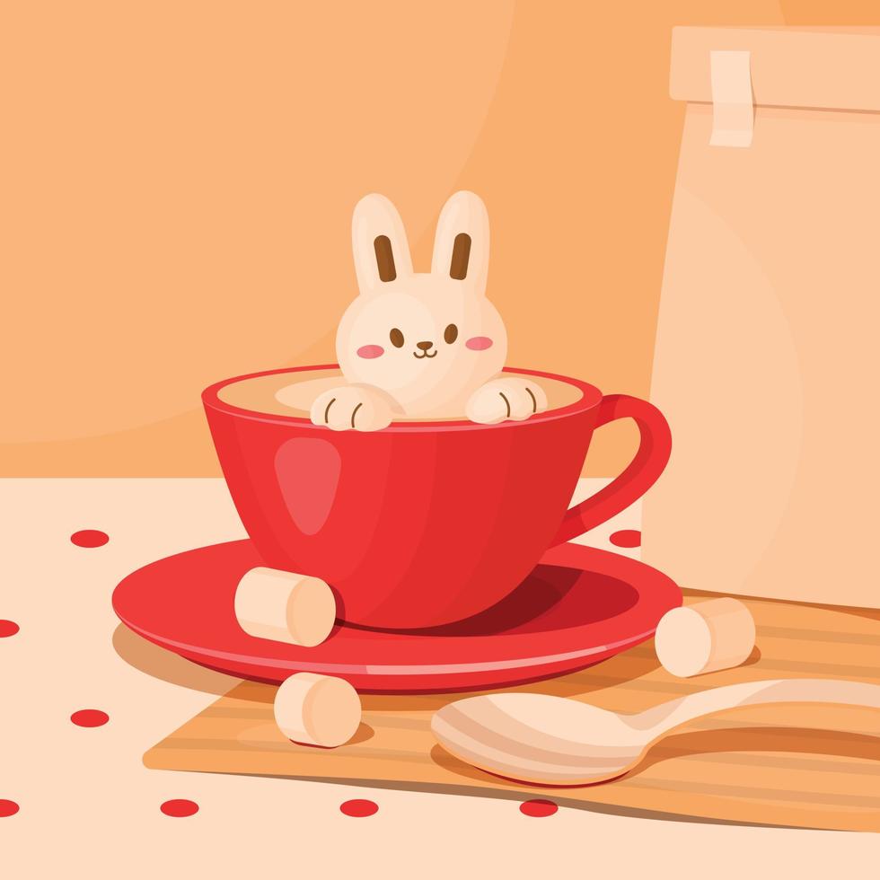 Coffee cup of foam milk in 3D latte art, bunny shape. vector