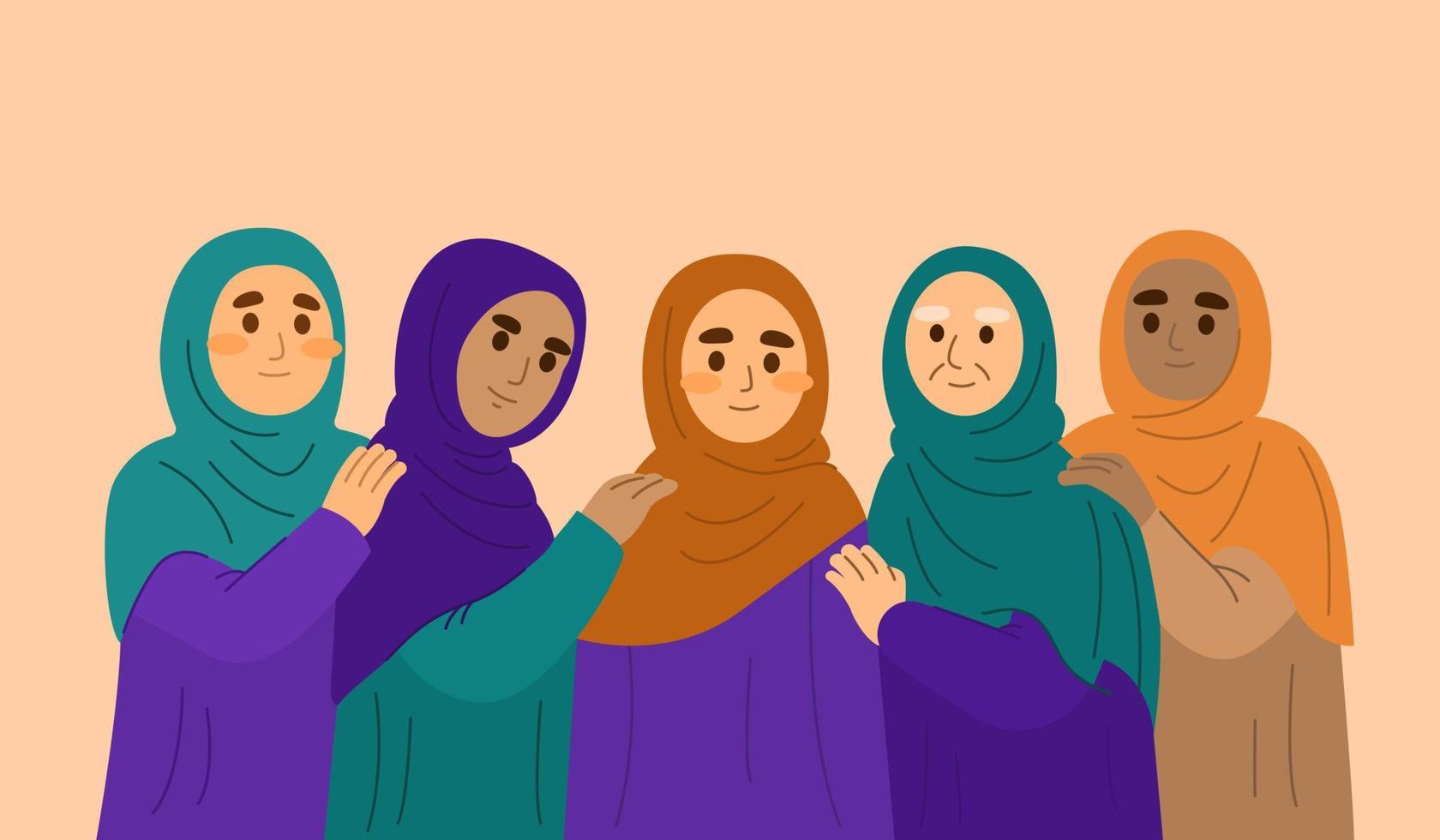 Women wearing hijabs support each other vector
